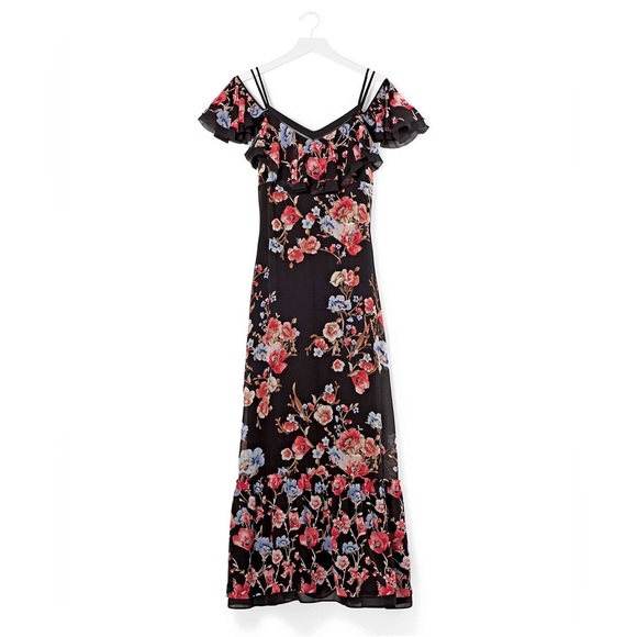 WHBM Black Red Blue Gold Floral Cold-Shoulder Metallic Embroidered Maxi Dress 6 - Picture 4 of 13